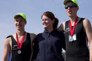 Walker Capra-Smith (left), and Corban Nemeth (right), are joined by coach Brittney Lundberg following their victory at the U.S. Rowing Northwest Junior Championship Regatta last year.