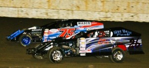 Joe German and Scott Miller in the Shipwreck Beads IMCA Modifieds  (Photo courtesy Jim Marshall)