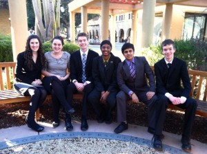 Capital Debate Team members Freya Jamison, Maria Kogan, Nick Harrison, Sampath Duddu, Sumukh Bharadwaj, and Max Harrison at Stanford's Invitational