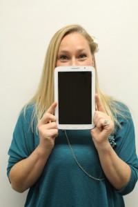 Timberline High School teacher Renee Kilcup proudly poses with her instructor tablet.