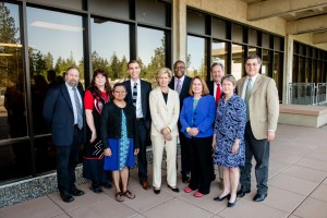 Award recipients and members of The Evergreen State College administration at the President's Recognition Dinner on May 13, 2014. Pictured are Michael Zimmerman (from left), Tina Kuckkahn-Miller, Dharshi Bopegedera, Sean Riley, Anne Sheehan, Les Purce, Lee Hoemann, John Hurley, Wendy Endress and Craig Chance.