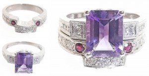 Hartley incorporated 2 rubies and 10 diamonds from Joan Taylor's grandmother's wedding ring in a wedding band that complimented her amethyst engagement ring. 