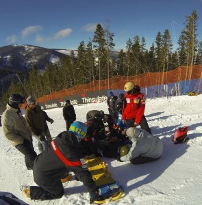 Washington Orthopaedic Center's Dr. Slattery (in red jacket) attends a US Ski Team medical emergency training.