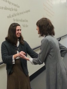 Sophie Bustetter (10) and Hayley Kuster (11) rehearse a scene between their characters.