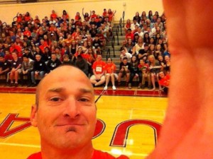 Mr. Woods takes the first selfie of the 2014-2015 school year during freshman orientation.  