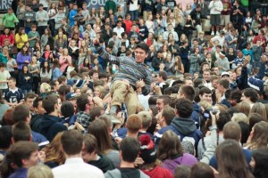 : OHS students create a crowd while the faculty band plays at the assembly. (Photo Credit: Brady Barner)