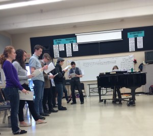 The cast rehearses songs under the direction of THS Choir teacher Rachel Landowski.