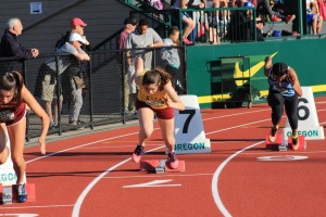 Haley Chamberlin gets ready for the 4X200 relay at Oregon Relays.