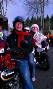 Bill and Ronelle, seen here at the Olympia Toy Run, will join the  Allstate Insurance nationwide “Ride for Awareness” campaign for motorcycle safety.