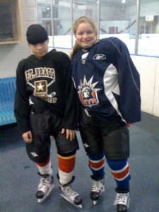 A young Leah (10) and her brother Ben (13) practicing at the rink, trying to improve her skating skills so she could try out for a team.