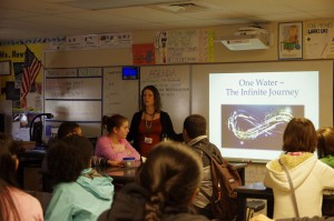 Carrie Ziegler discusses One Water - The Infinite Journey with local students, inspiring them in their creations for her Arts Walk 2016 installation.