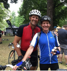 Sawyer finds satisfaction in helping others, including mentoring his friend John Woodcock during the STP bicycle race. Photo courtesy: SCJ Alliance