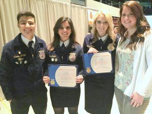 The Yelm High School FFA chapter has been chosen as a finalist to compete for a 2016 Model of Excellence award, the highest honor awarded to a chapter by the National FFA Organization. FFA Officers (from left) Thomas Pablo, Jozie Reid and Maggie Scotto with Advisor Lisa Todisco. Photo courtesy: Yelm Community Schools.