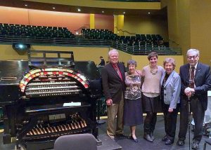 Sharon poses for a photo at the Washington Center For Performing Arts with Dick and Margaret Daubert, owners of Tacoma Pizza & Pipes, and Jack and Betty LaFaw, owners of Bellevue Pizza & Pipes, who came to see her play a mighty theater organ once again. Photo courtesy: Sharon Stearnes