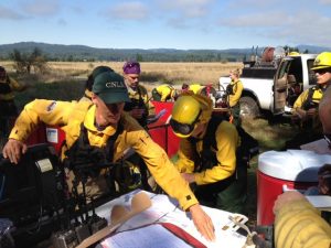 A team of firefighters from the South Sound Burn Program reviewing the Burn Plan for Glacial Heritage Preserve at a previous burn. Photo courtesy: South Puget Sound Prairies 