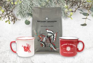Batdorf and Bronson Festive Mugs and Coffee, White Background