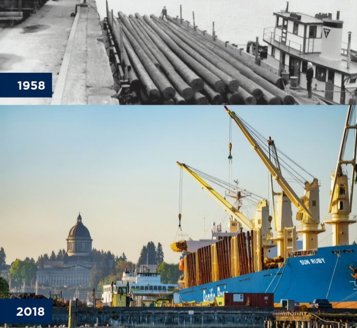 Port of Olympia 100 years Log Loading 1958 vs 2018