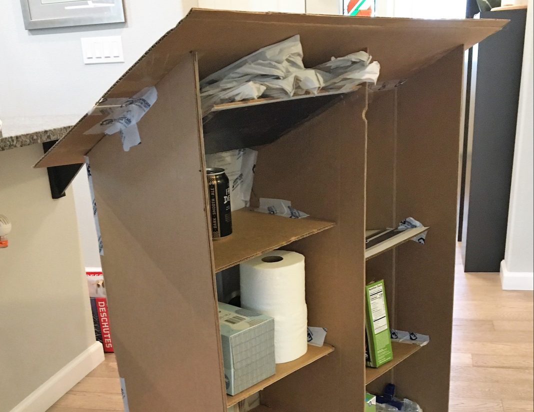 Cardboard prototype of Tumwater's first Little Free Pantry