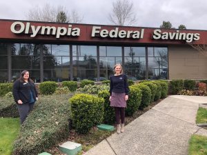 Stephanie Summers and Diedre Michie outside Olympia Federal Savings