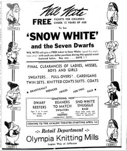 advertisement for Disney's "Snow White" themed products from the 1938 Daily Olympian