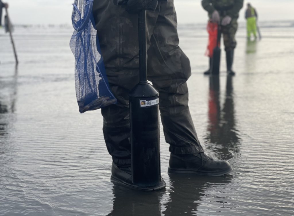 man standing with a clam gun on the beach