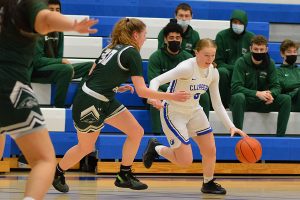 SPSCC women's basketball player dribbling on court