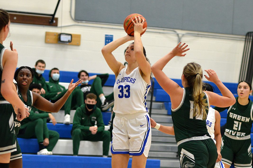 Jennie Goldsberry takes a shot at a basket for SPSCC basketball