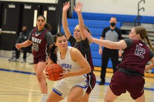 Freshman Payten Foster for SPSCC hold the basketball on the court