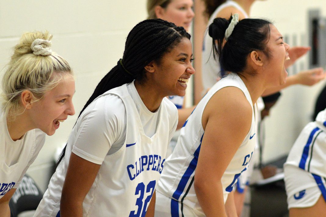 South Puget Sound Community College women's basketball players on the court