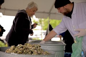 Pacific Oysters in metal tubs with people picking them up at Thriftway