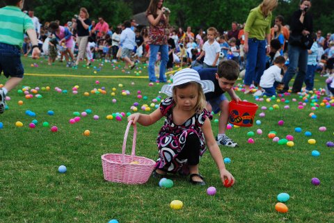 children hunting eggs on grass in Tumwater