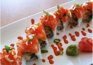 Volcano sushi roll on white plate at New Sushi &Teriyaki