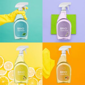 Four bottles of Briotech cleaning products photgraphed in colored squares