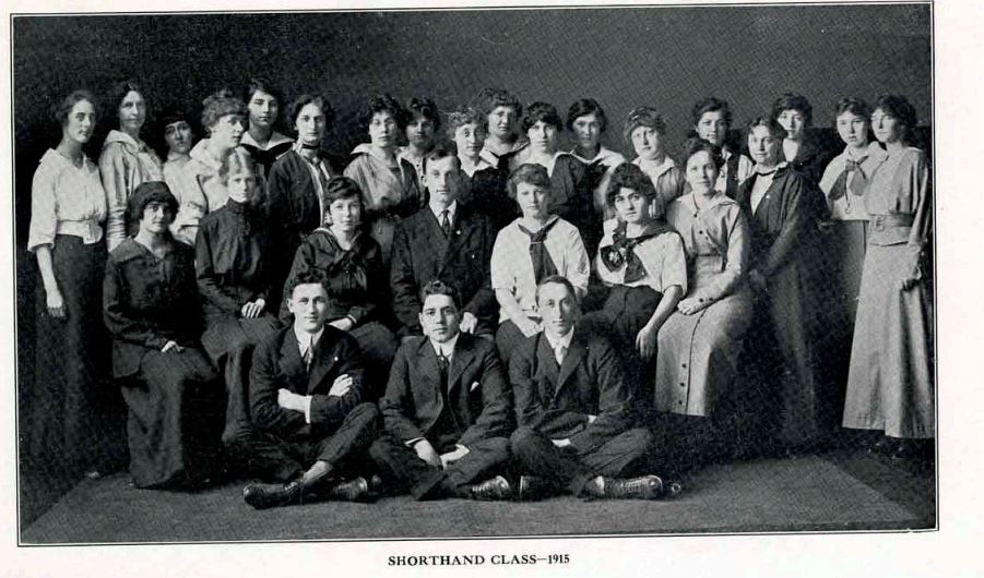 Earl Thoma (second row, center) sits with his shorthand class for the 1915 commencement issue of Olympia High School’s Olympus yearbook.