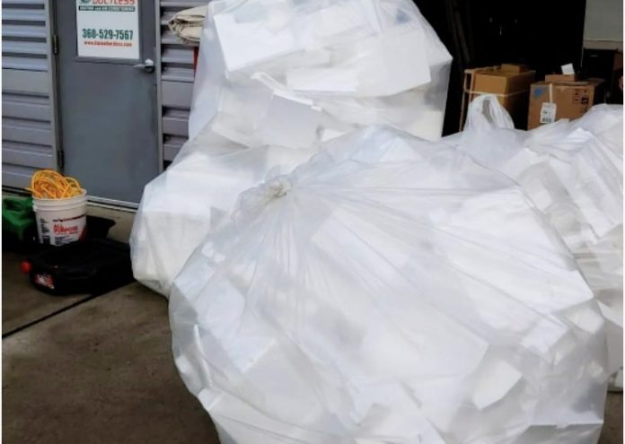 Eckerts Alpine-Styrofoam-recycling large bags of Styrofoam for recycling by Alpine Ductless Heating and Air Conditioning