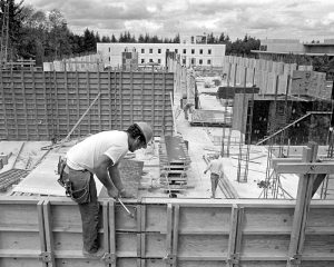 black and white photo of The Evergreen State College being built