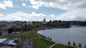 aerial view of downtown Olympia near Harbor Heights apartments