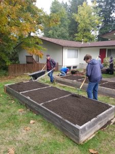 Garden members working the soil at the Tumwater Community Garden