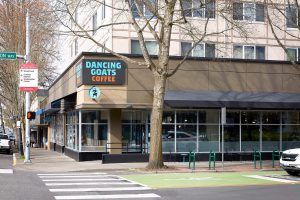 outside street view of Dancing Goats Coffee's new location in Olympia,