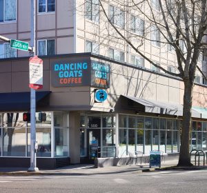 outside street view of Dancing Goats Coffee's new location in Olympia,