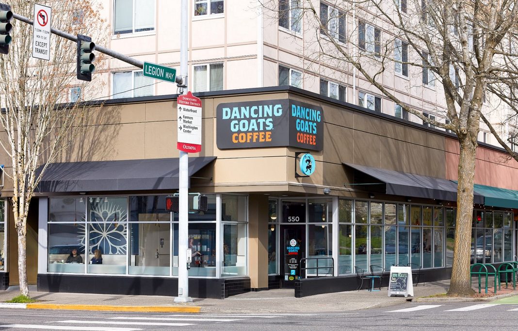 outside street view of Dancing Goats Coffee's new location in Olympia,