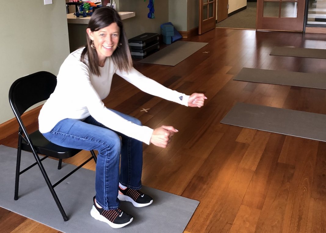 Jennifer Penrose demonstrates that simple exercises using a chair can help build strength