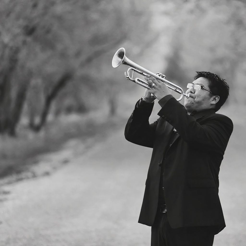 Native American performer Delbert Anderson, a trumpet player from New Mexico.