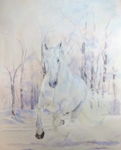 watercolor of a white horse against white trees by Bonnie Belden-Doney