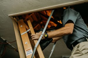 Boggs Inspection services worker going into an attic