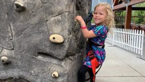 little girl on a rock climbing wall at Hands On Children's Museum Summer Spalsh!!