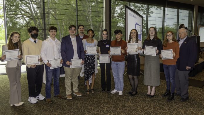 Lacey-Chamber-Scholarship-Recipients The 2022 Lacey South Sound Chamber scholarship recipients from left: Ahna Rader, Alana Hua Ly, Trent Jensen, Evan Barkis, Cameron Daniels, Arianne Morris, Aliya Robles, Denzel Martinez, Hallie Eickmeyer, Samantha Conner, Kaydence Doublerunner, Stewart Ridgeway