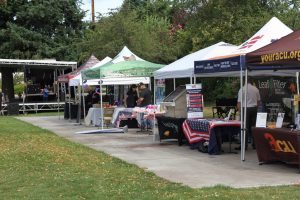lines of local vendor tents at the Nisqually Valley Barbecue Rally