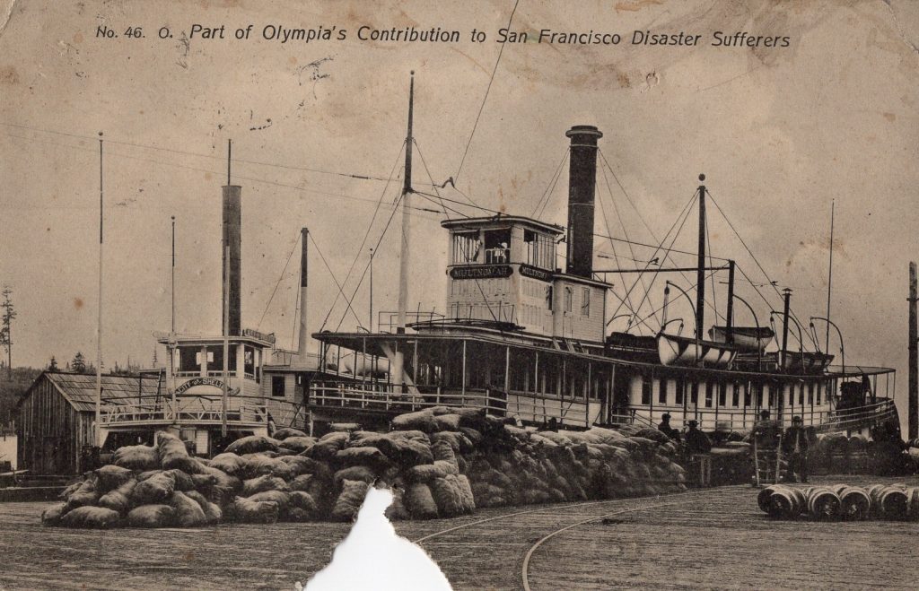 Postcard showing donations to San Francisco being loaded on the Multnomah steamboat 