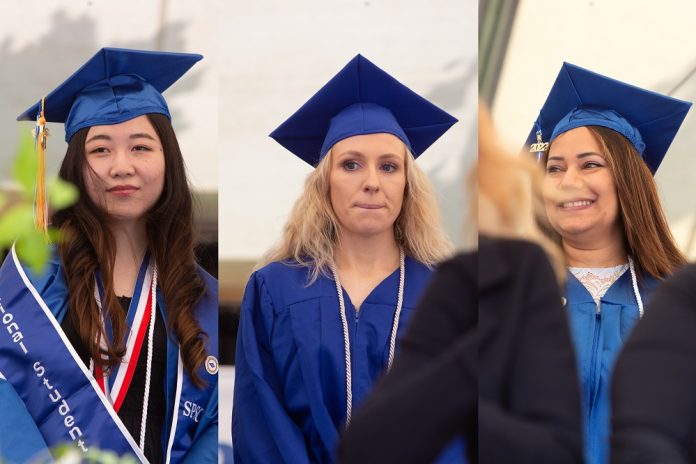 South Puget Sound Community College Outstanding Students Yuho Fujii, Molly Echols, Jemal Ozkara in their gaps and gowns